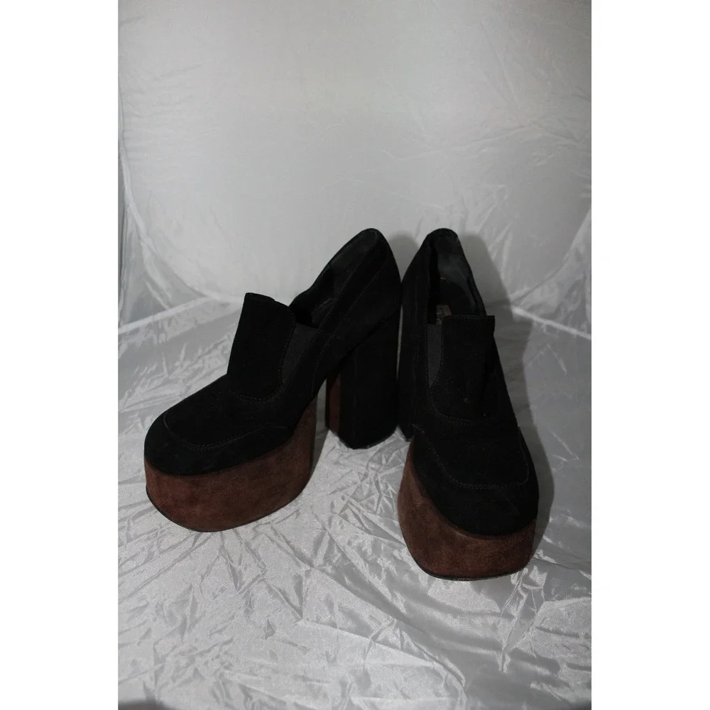 VTG BP Brass Plum Shoes Black Brown Suede‎ Chunky Platform Loafers Size 39 8.5